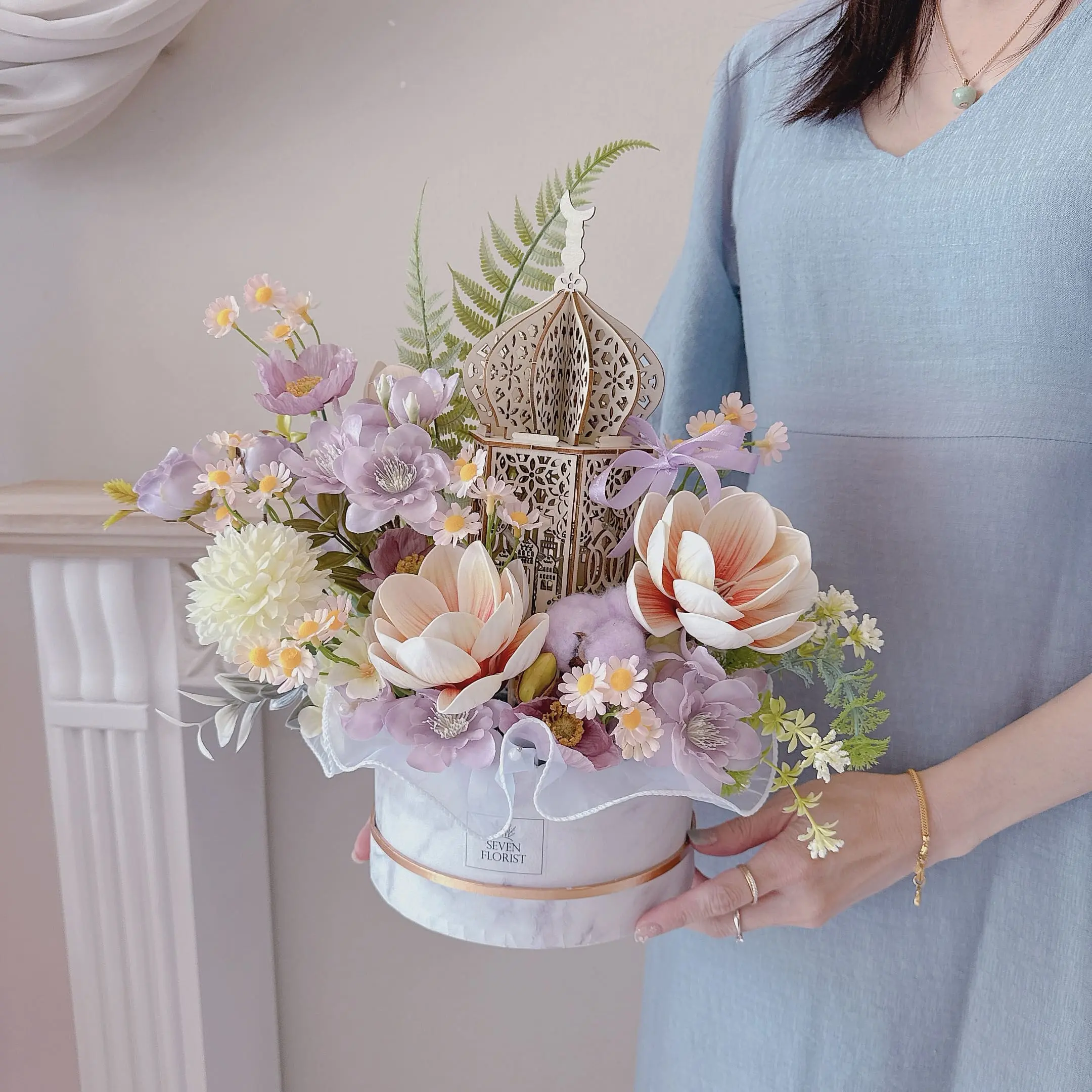 Raya Artificial Flower Box - Wooden Ornament - Image 2